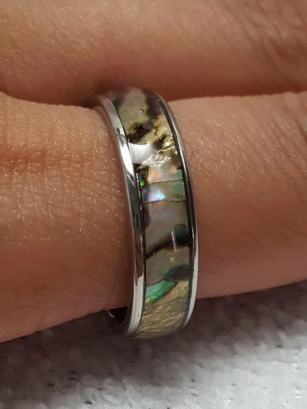 Silver Iridescent Abalone Inlay Ring - Green & Purple Hues